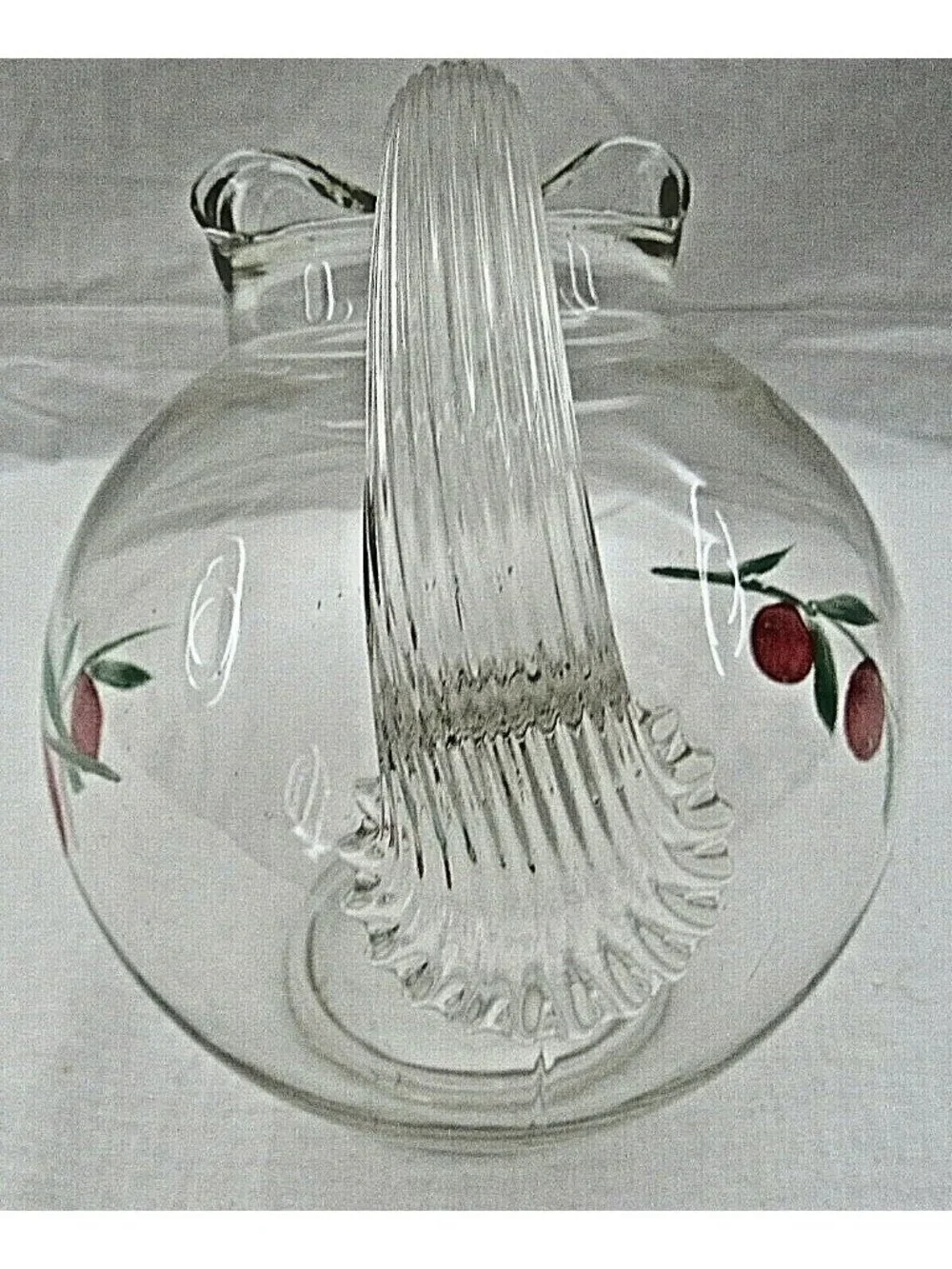 Vintage Clear Glass Handpainted Red Cherry Pitcher Rounded Base Ribbed Handle